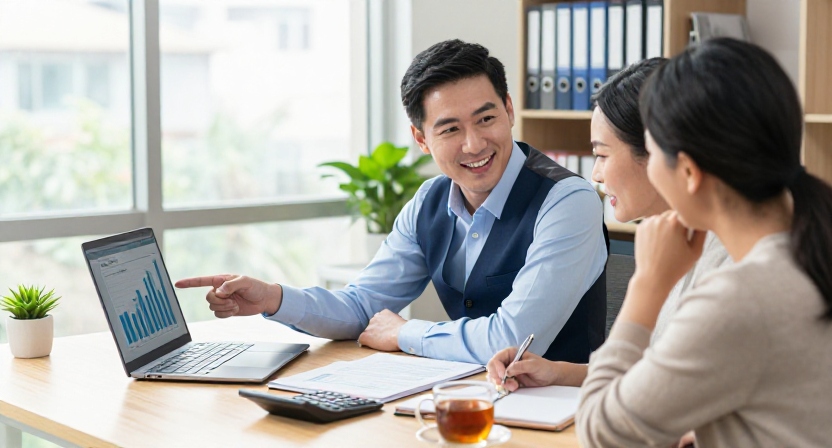An accountant reviewing financial charts with clients